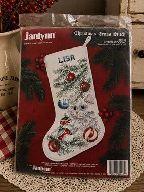 Vintage Janlynn Kitten Stocking Christmas Counted Cross Stitch Kit #80-69 NEW